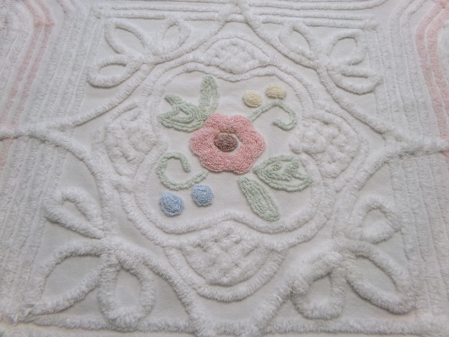 cottage style vintage chenille fabric, dimensional floral design 24" x 21" inch piece craft & sewing material