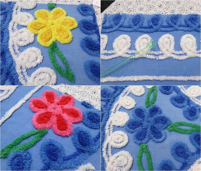 Colorful Blue Vtg Chenille Bedspread Fabric 19x24" Pc Floral Sewing Material