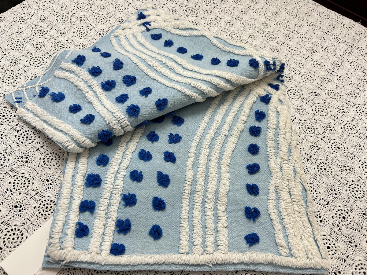 Coastal Blue Vintage Chenille Bedspread Fabric Floral 23x21" Piece