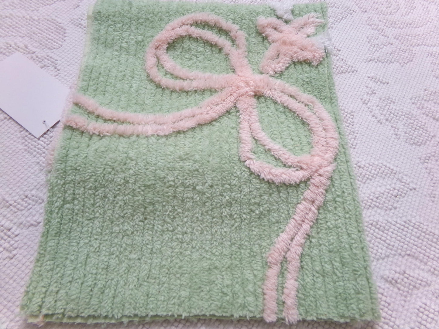 Peaceful Mint Green Vintage Chenille Fabric Pink Bow Star Lily, 19" x 18"