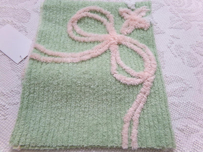 Peaceful Mint Green Vintage Chenille Fabric Pink Bow Star Lily, 19" x 18"