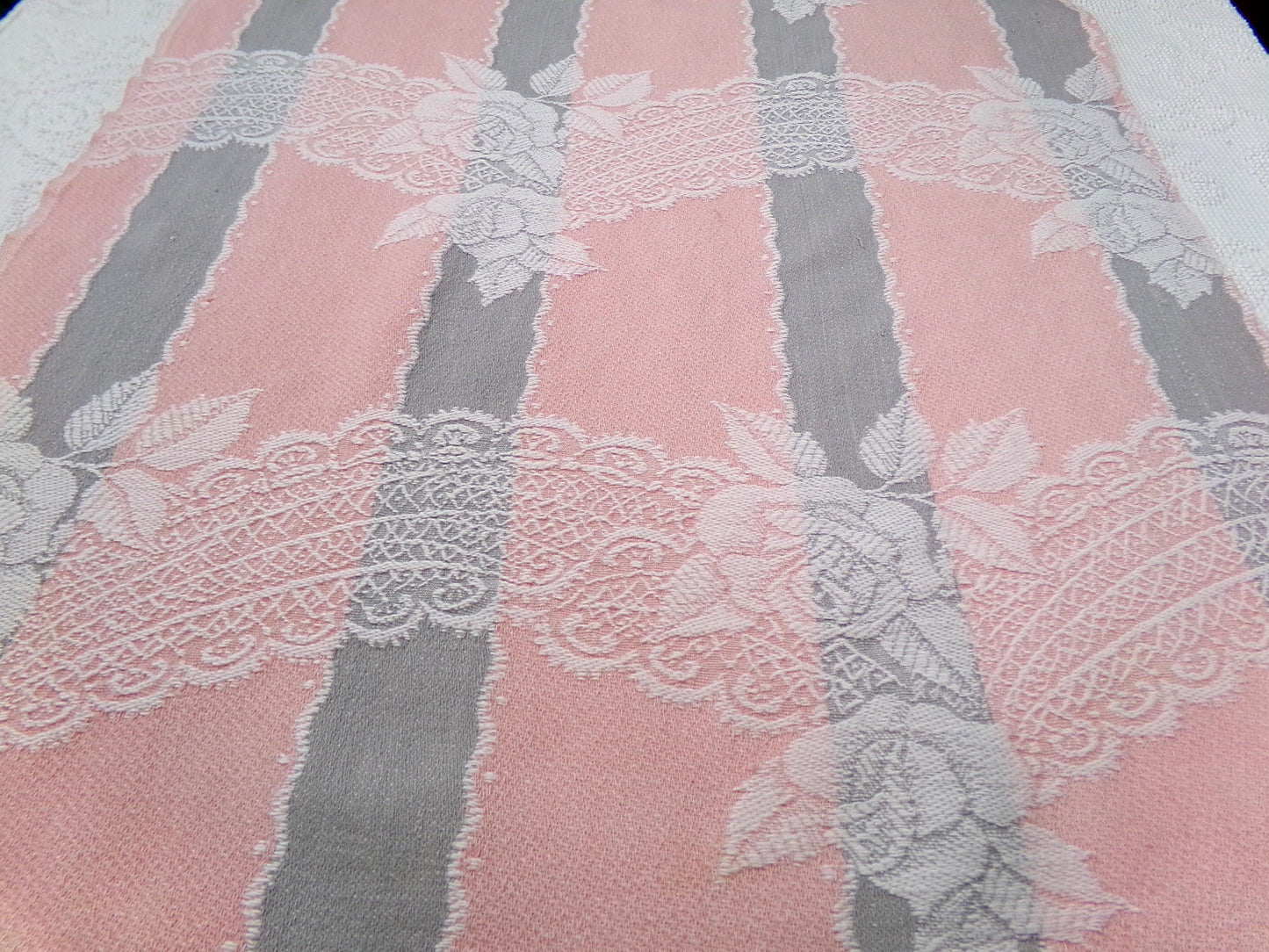 Lacy Rose Vintage Woven Fabric Piece Pink & Grey Stripes Shabby Chic Sewing Material 24x23"