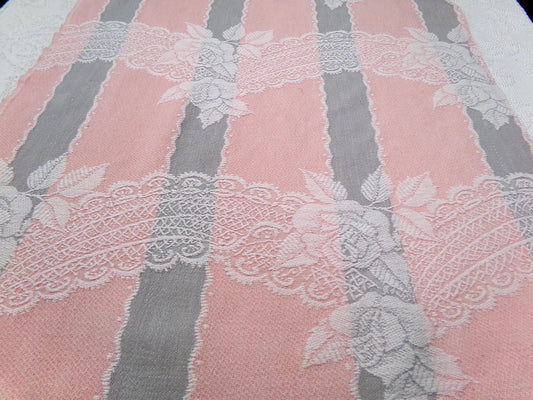 Lacy Rose Vintage Woven Fabric Piece Pink & Grey Stripes Shabby Chic Sewing Material 24x23"