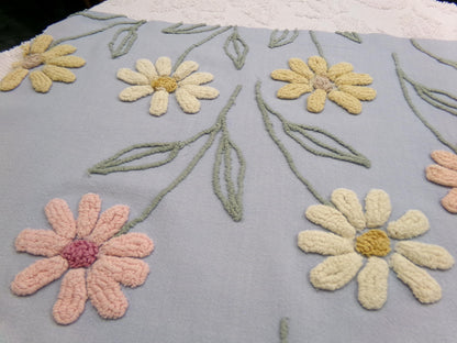 Cascading Daisy Vintage Chenille Fabric, Blue Floral Sewing & Quilt Material 23" x 24" Piece