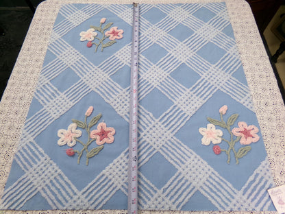 Coastal Floral Vintage Chenille Bedspread Fabric Blue & White 25 x 27" Piece