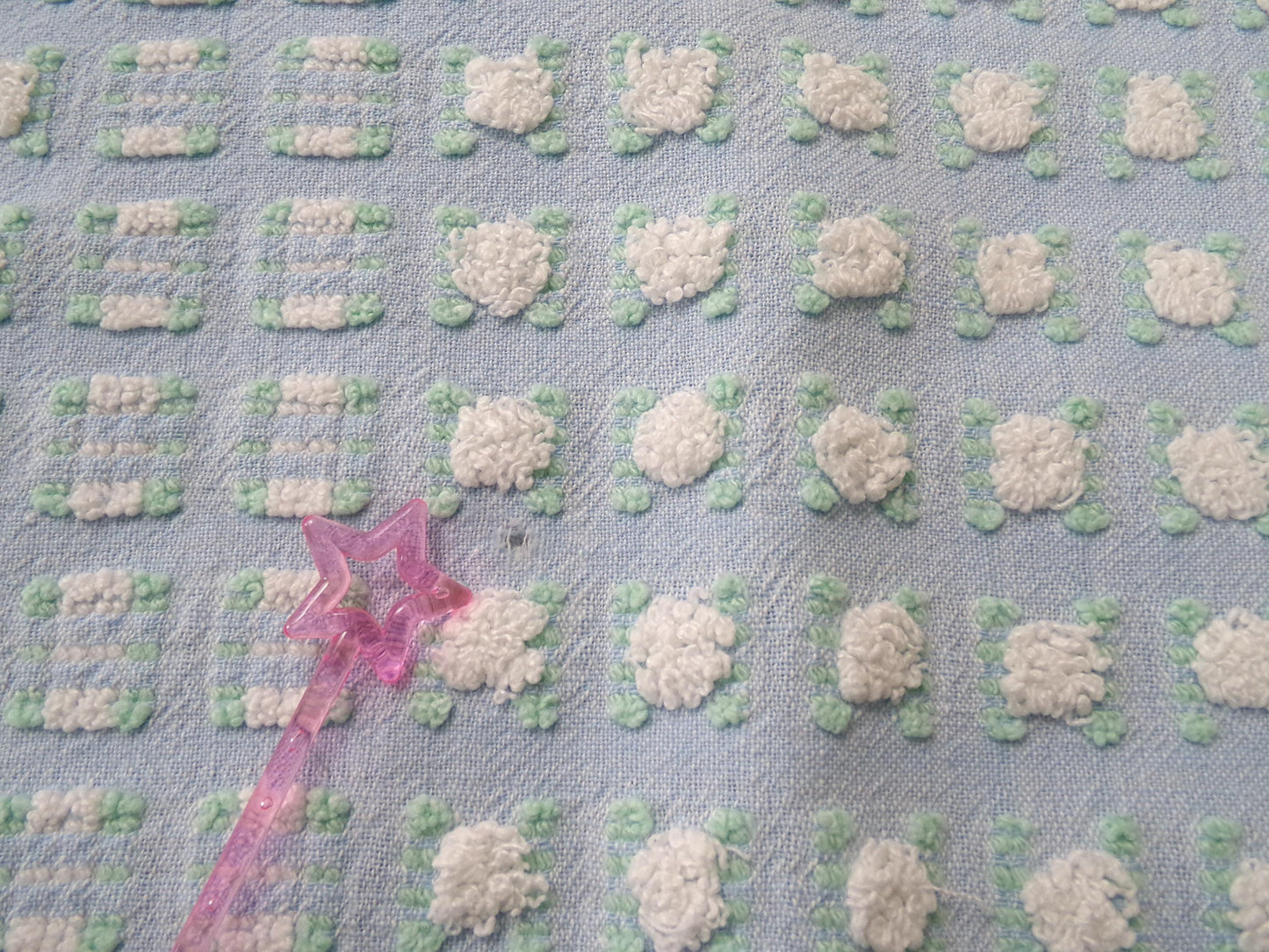 White Rosebud Vintage Blue Chenille Fabric, Shabby Phantom Rose Morgan Jones, 19x26"