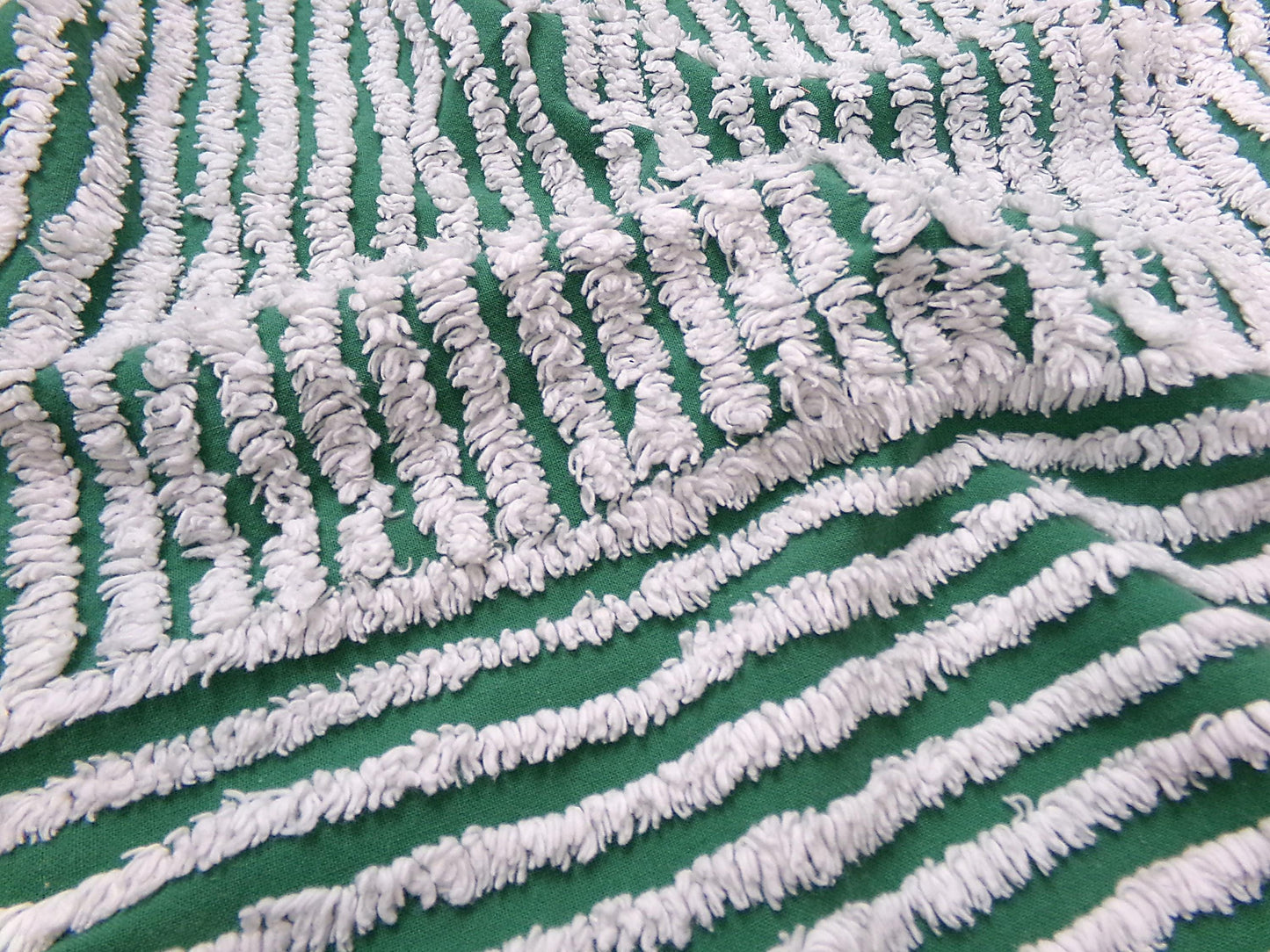 Green & Snow White Vintage Chenille Bedspread Fabric, Geometric Stripes 15" x 26" piece