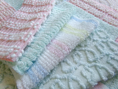 vintage chenille fabric squares, "summer rainbow" set of 16 pastel 6" quilt blocks, gentle geometric patterns, for quilting, crafts & sewing