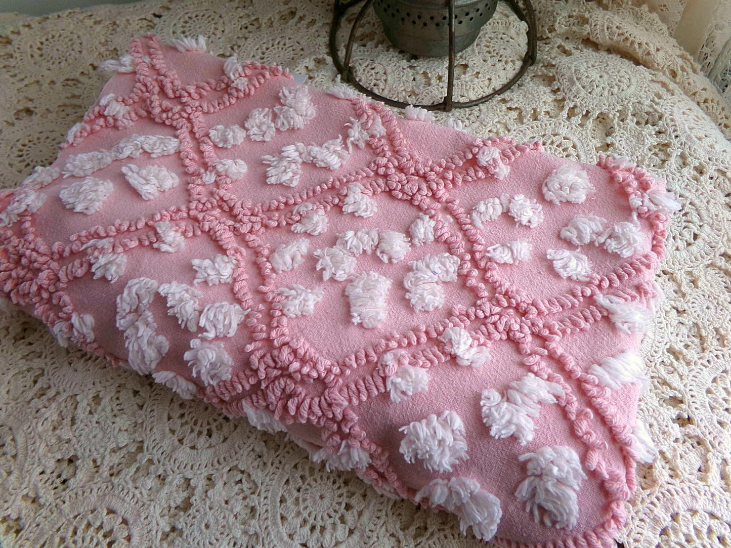 rose pink vintage chenille fabric, tumbling block mauve & white geometric design, 28" x 22" piece sewing material