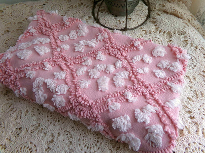 rose pink vintage chenille fabric, tumbling block mauve & white geometric design, 28" x 22" piece sewing material