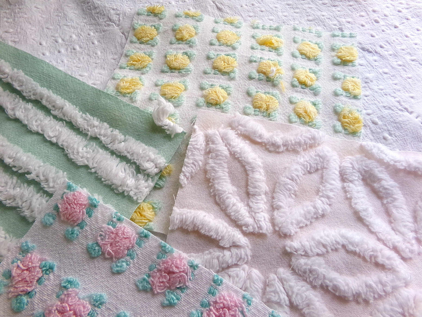 Chenille Squares Set, "Spring Bliss," 16 Vintage Fabric Quilt Blocks, 6" inch in White Daisy, Pink & Yellow Rosebud, Mint Green