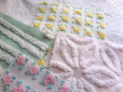 Chenille Squares Set, "Spring Bliss," 16 Vintage Fabric Quilt Blocks, 6" inch in White Daisy, Pink & Yellow Rosebud, Mint Green