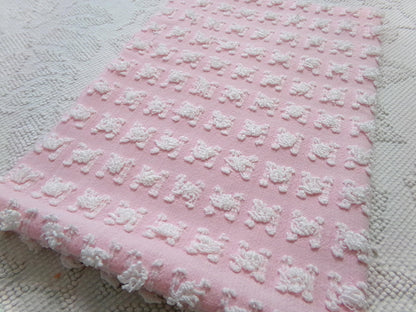 Carnation Pink White Rosebud Vintage Chenille Fabric, Soft Ombre Variations 18" x 25"