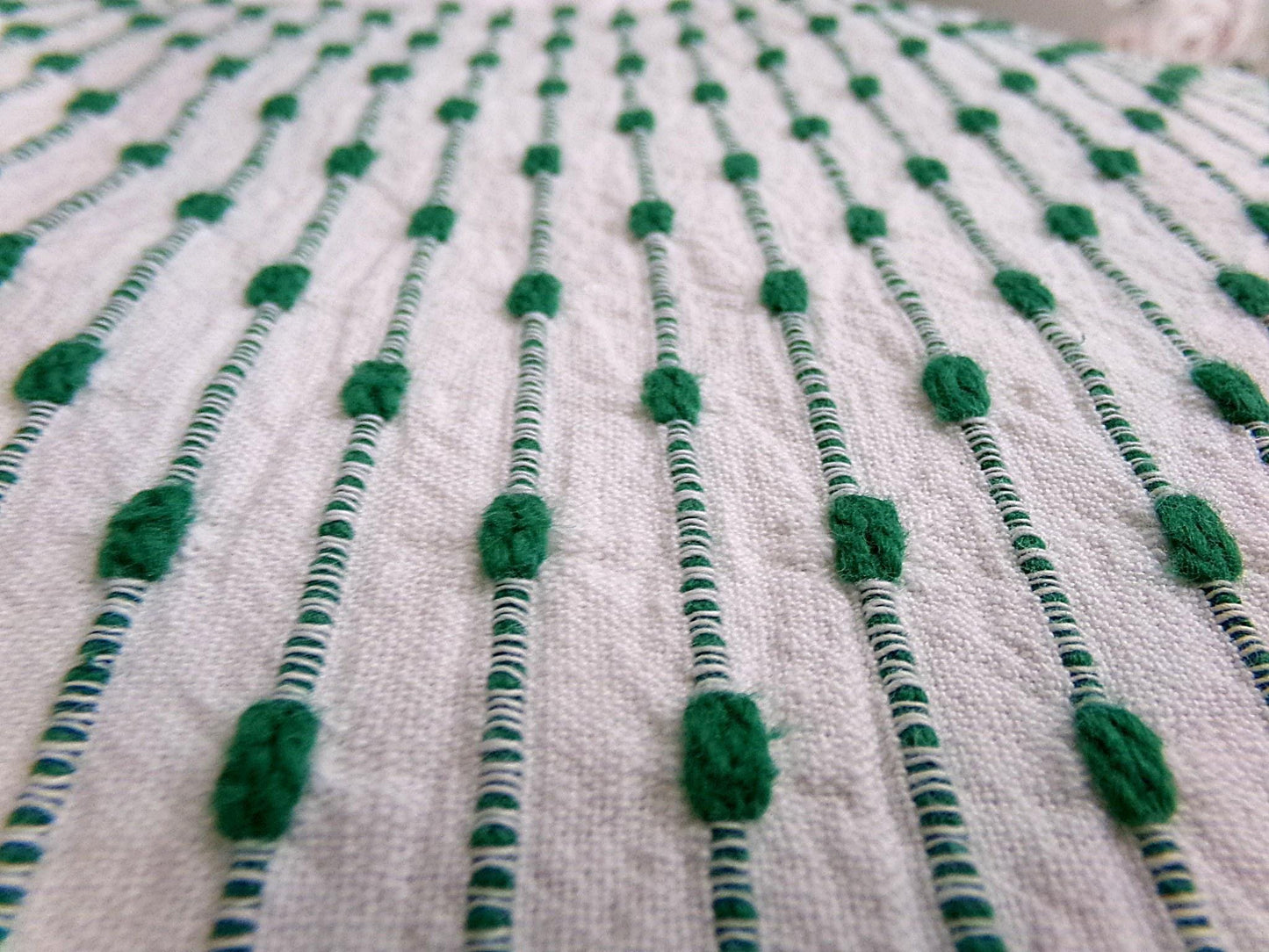 vtg preppy fabric chenille raindrop dots green & white 20x25" piece