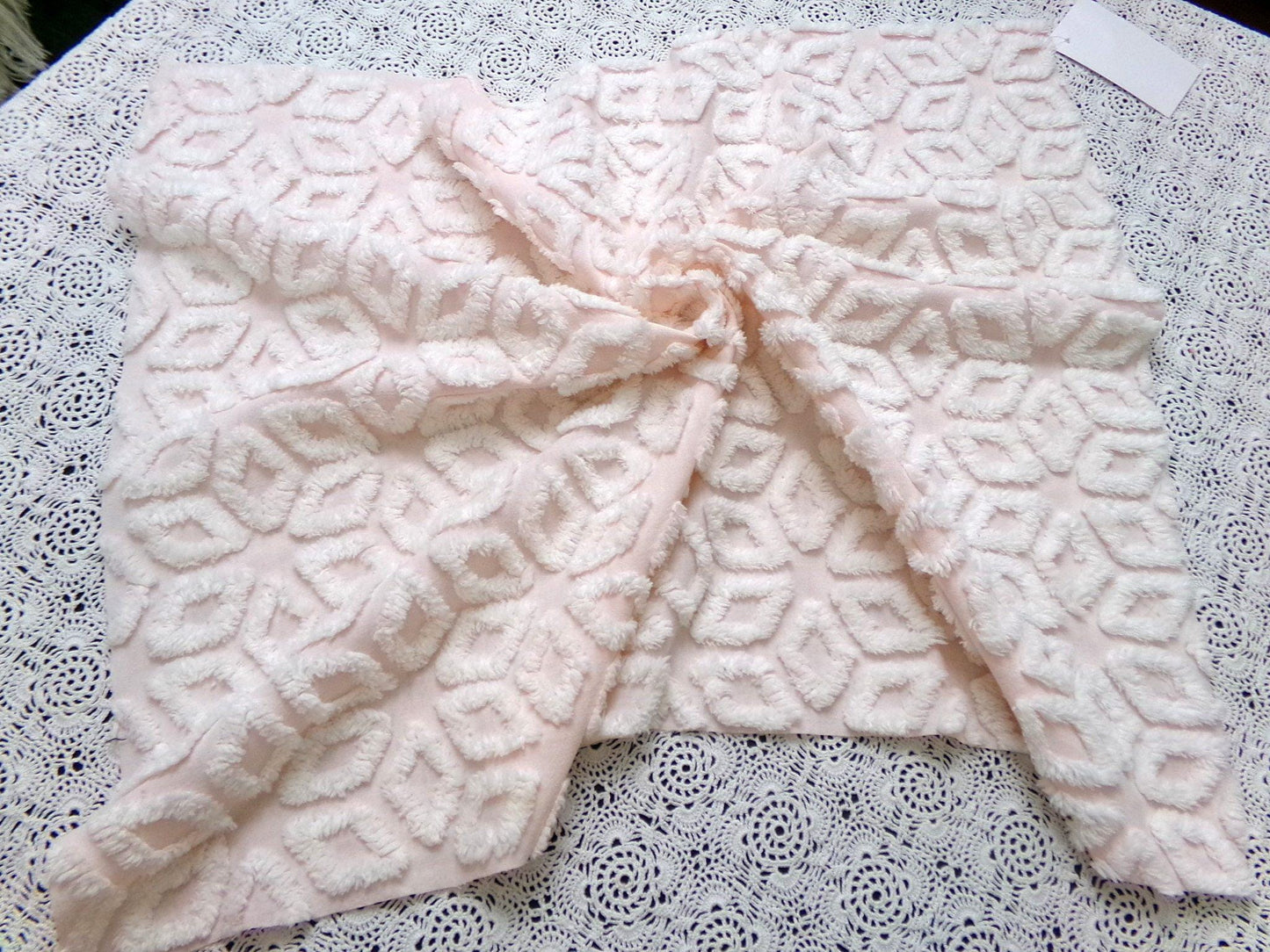 Whisper Pink & White Vintage Chenille Fabric Piece 18x24" Wedge Snowflakes