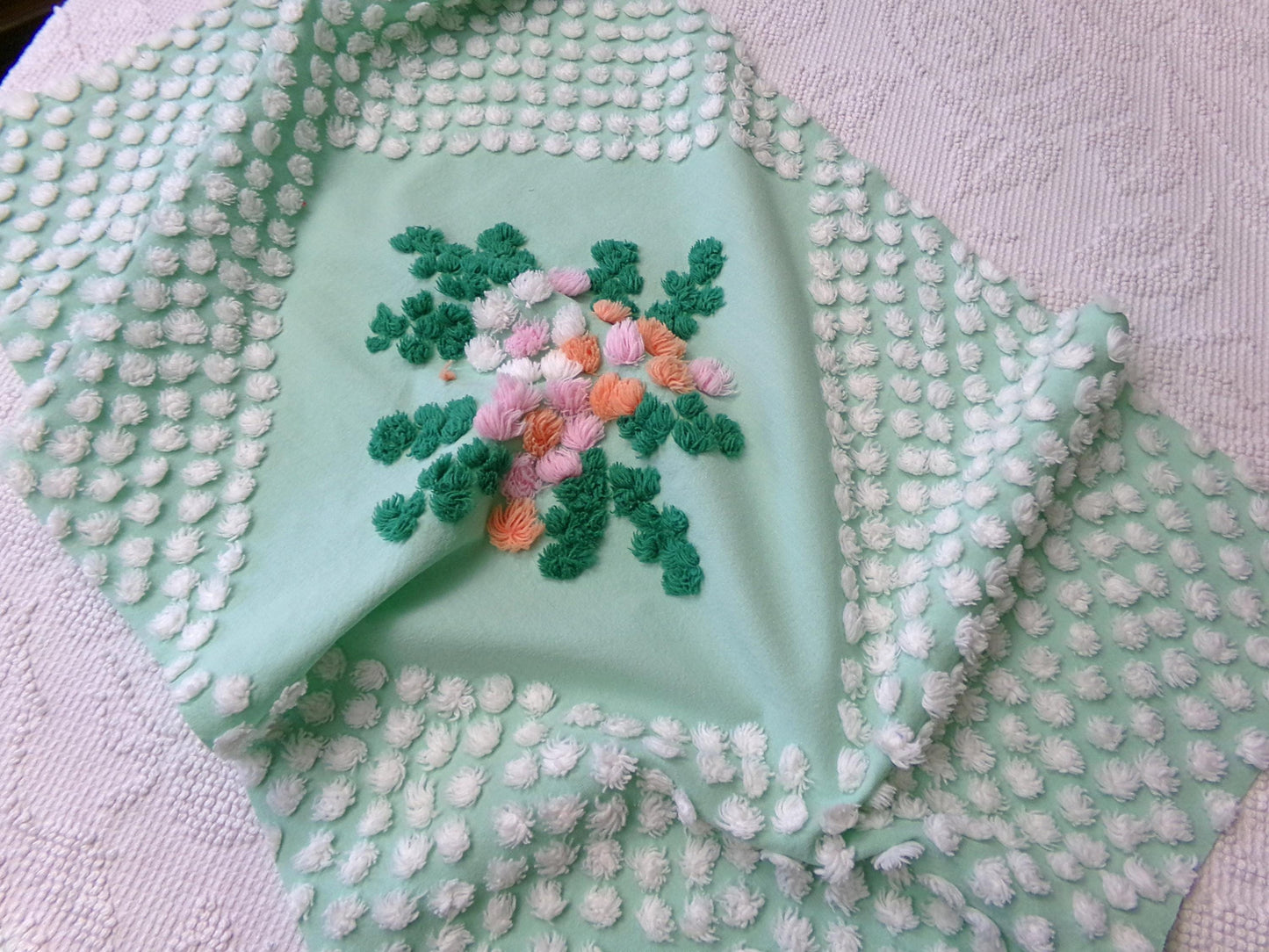 whimsy wildflower dot vintage chenille fabric: 15" x 26" jade green piece for pillows, quilts