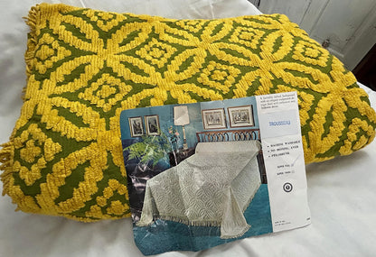 Avocado Olive Green Vintage Chenille Bedspread Boho Gold Wedding Rings, FULL Size NOS