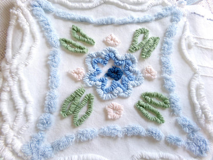 cottage chic vintage chenille fabric: pink & blue floral 24" x 24" cut piece sewing material