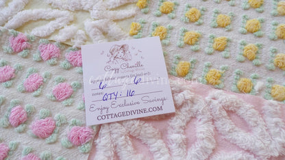 Chenille Fabric Squares Set, "Spring is in the Air", from Vintage Bedspread Fabrics, 16 Quilt Blocks, 6" inch, Cottage Pink, Yellow & White