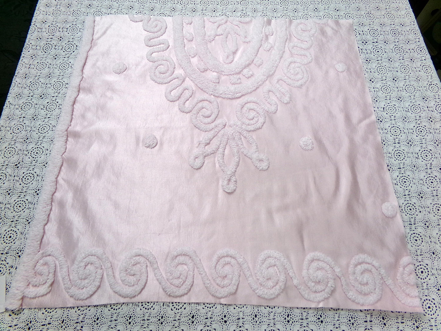 Romantic Pink Vintage Satin Chenille Fabric, Shabby Sewing Material 22" x 23" Piece