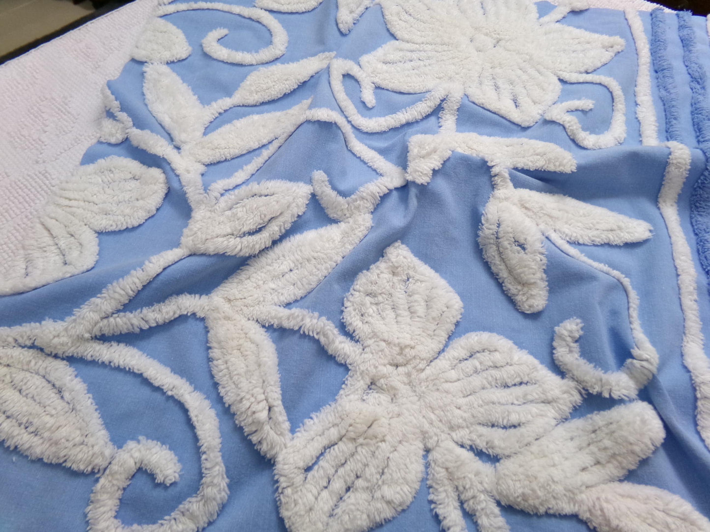 botanical blue vintage chenille fabric, super plush white florals, 21" x 23" piece sewing material