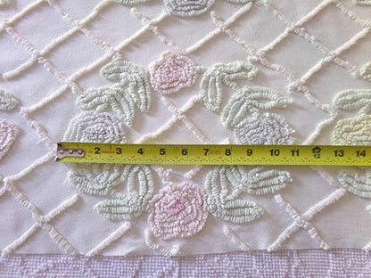 Vintage Chenille Fabric Pastel Spring Floral Wreaths on Antique Cream Cotton, 20" x 24" piece