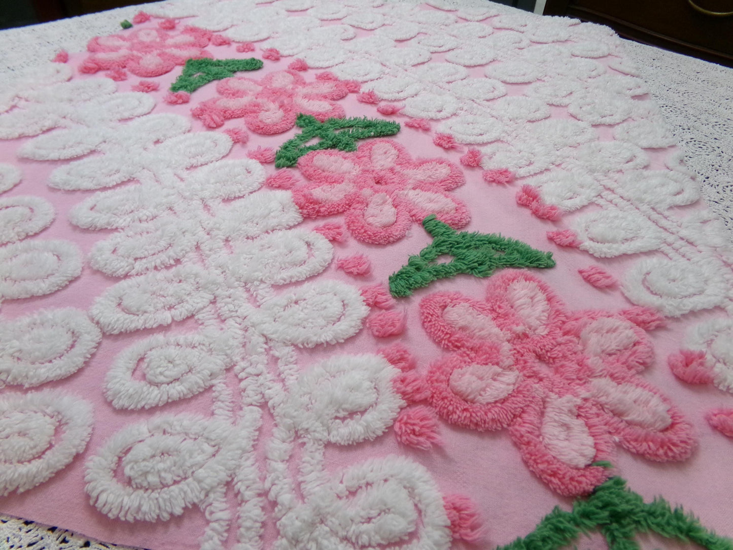 SweetPea Pink Floral Arc Vintage Chenille Bedspread Fabric, 20" x 25" piece
