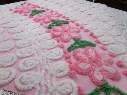 SweetPea Pink Floral Arc Vintage Chenille Bedspread Fabric, 20" x 25" piece