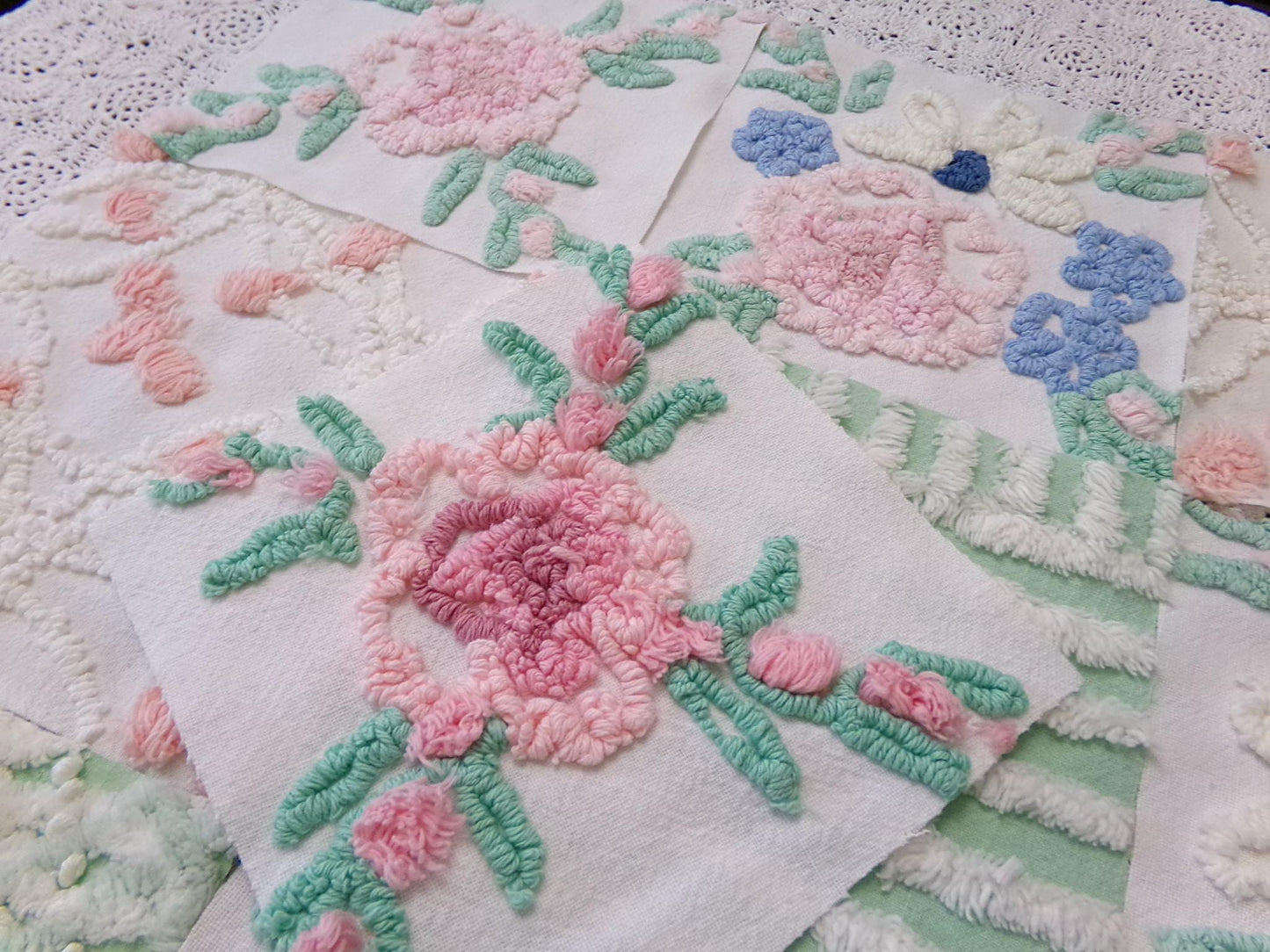 Floral Vintage Chenille Quilt Squares, Flower Medley 6" Fabric Blocks, Set of 17 for Quilting & Crafts
