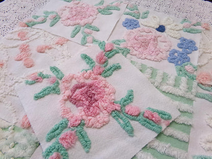 Floral Vintage Chenille Quilt Squares, Flower Medley 6" Fabric Blocks, Set of 17 for Quilting & Crafts
