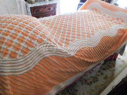 Peach Creamsicle Vintage Chenille Bedspread, 100% Plush Cotton, Twin Size Cotton Bedding