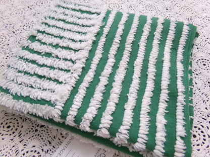 Green & Snow White Vintage Chenille Bedspread Fabric, Geometric Stripes 15" x 26" piece
