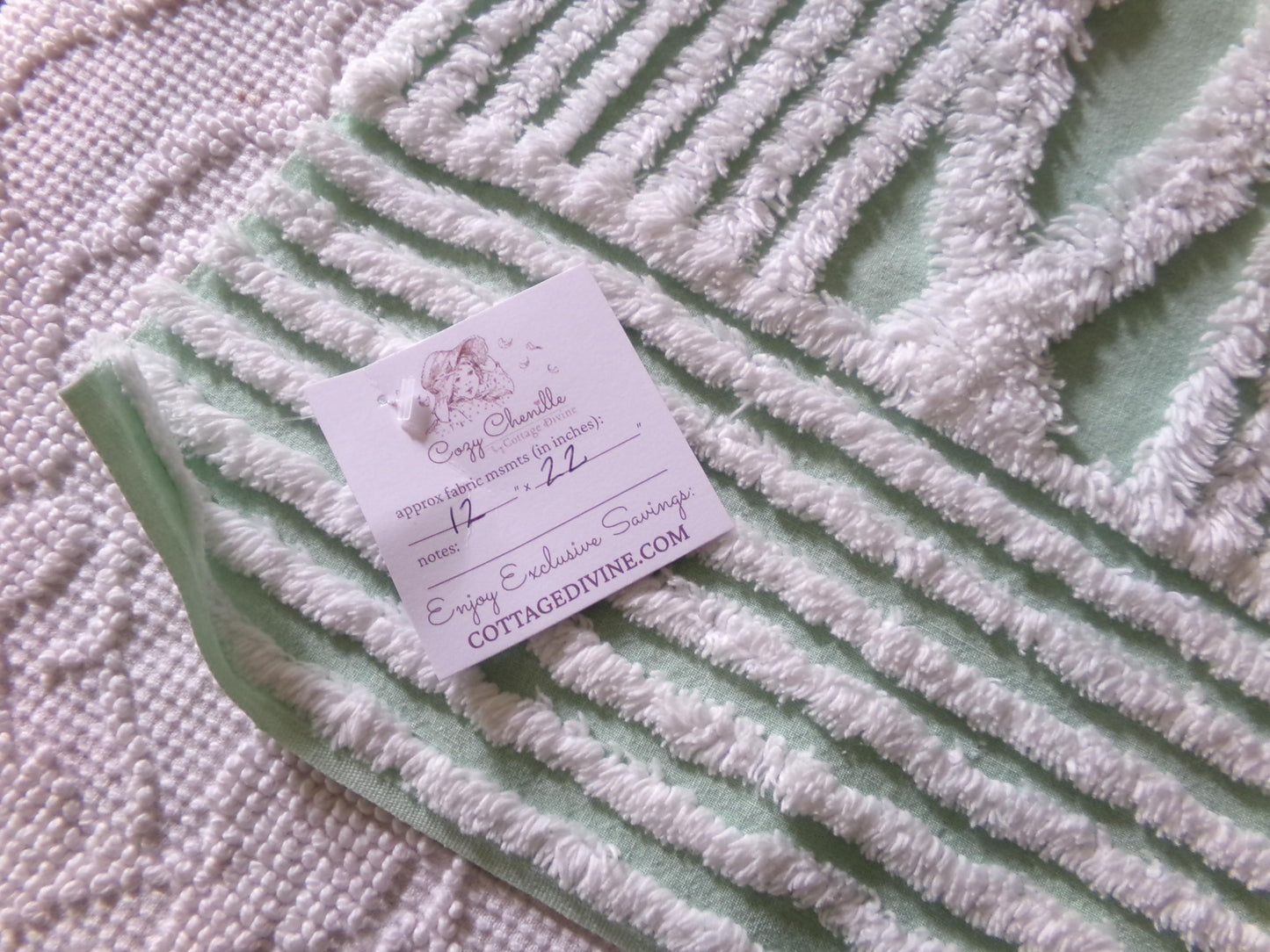Fabric Piece from Vintage Chenille Bedspread in Mint Green & White Geometric Stripe, 12" x 22" inches