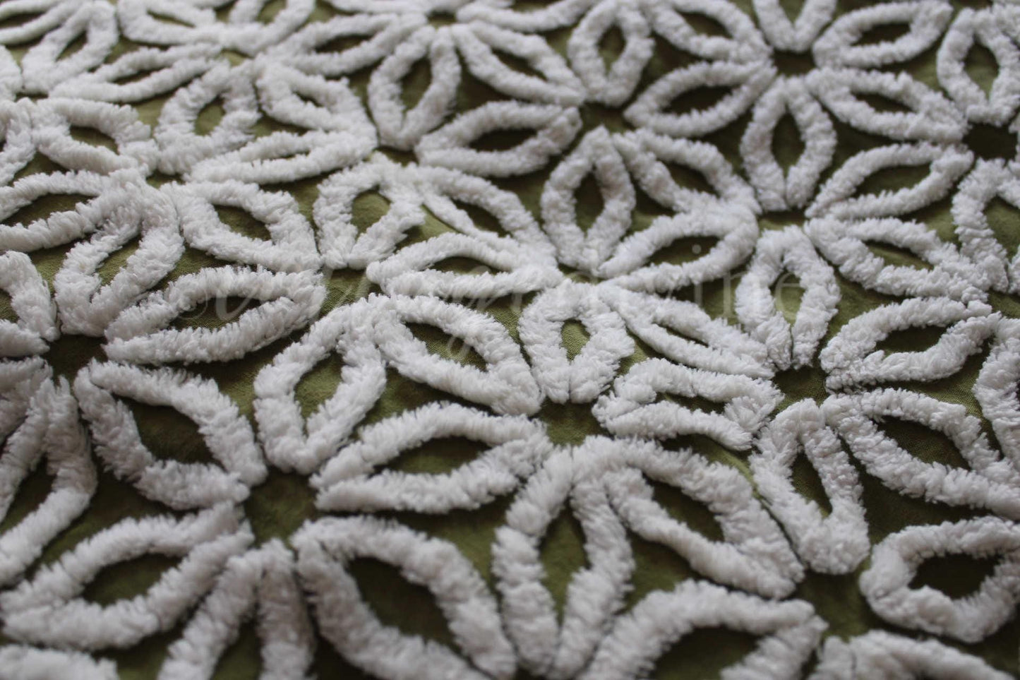 Vintage Green Chenille Fabric Boho Daisy Floral Craft Quilting Sewing Material, 18" x 24"