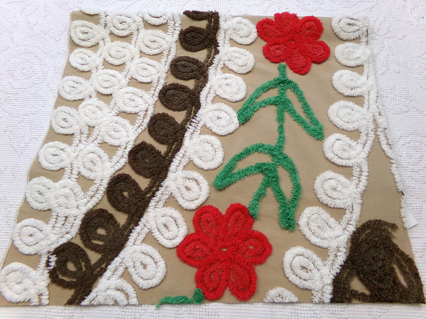 chocolate cherry vintage chenille fabric, delicious arc floral design, 18" x 28" piece