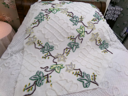 rambling ivy vintage chenille fabric, 21" x 24" irregular cut piece, unique tufted leaf design on antique white, great in pillows, quilts