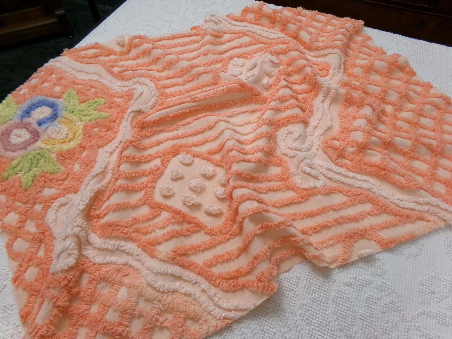 Vintage Cotton Chenille Fabric Peach Mixed Lattice Swag Floral 22x30 Shabby Chic Craft