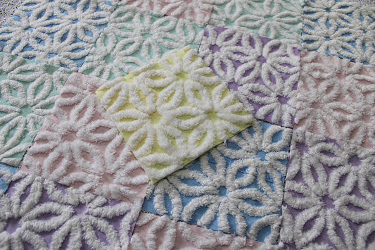 pastel daisy vintage chenille fabric squares, rainbow colors of pink, blue, yellow, aqua & lilac, set of 17 colorful 6" cotton quilt blocks