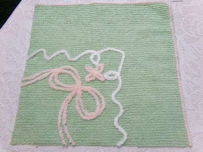 Peaceful Mint Green Vintage Chenille Fabric Pink Bow Star Lily, 19" x 18"