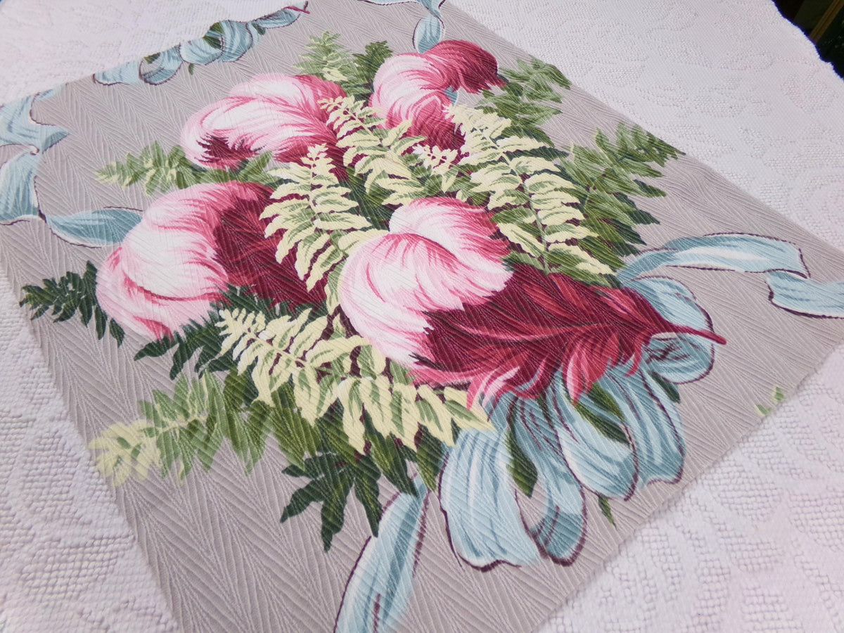Pink Feather Plumes Vintage Barkcloth Style Fabric Rayon Texture Material 19x22"