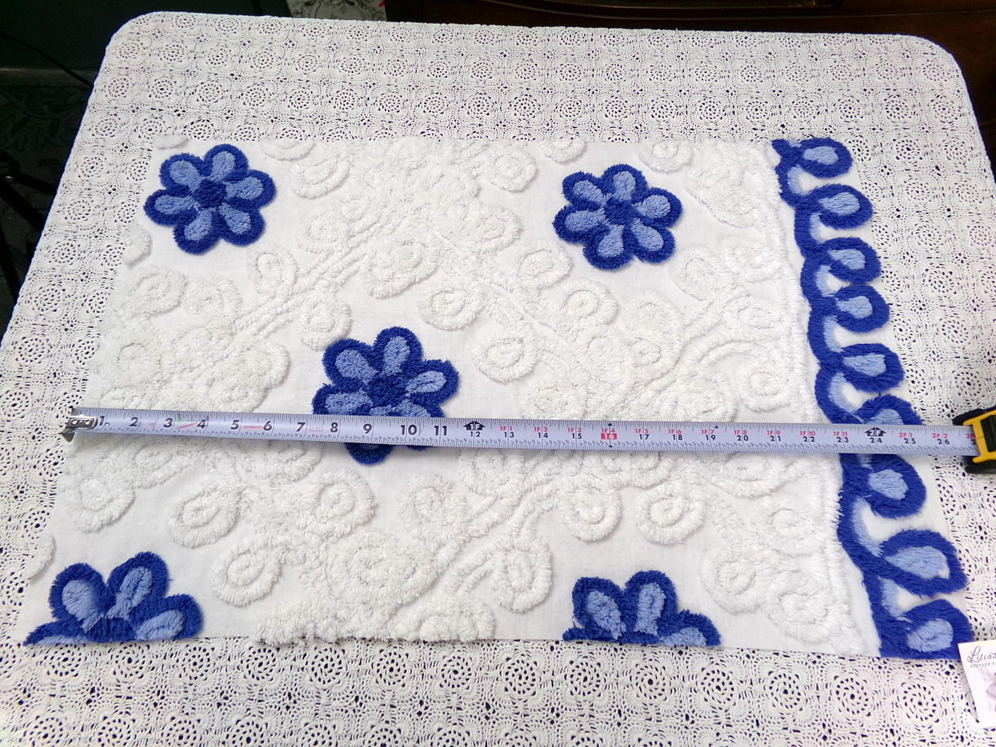 Blueberry Swirl Vintage Chenille Bedspread Fabric, Coastal Blue & White Daisy 16.5x25"