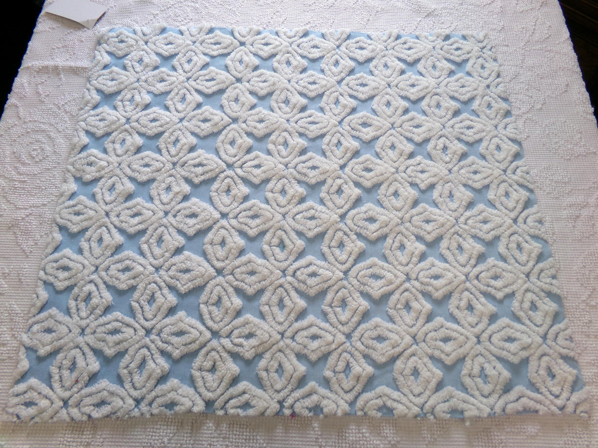 Blue & White Vintage Chenille Fabric, Plush Diamond Cross Design, 18x24" Piece