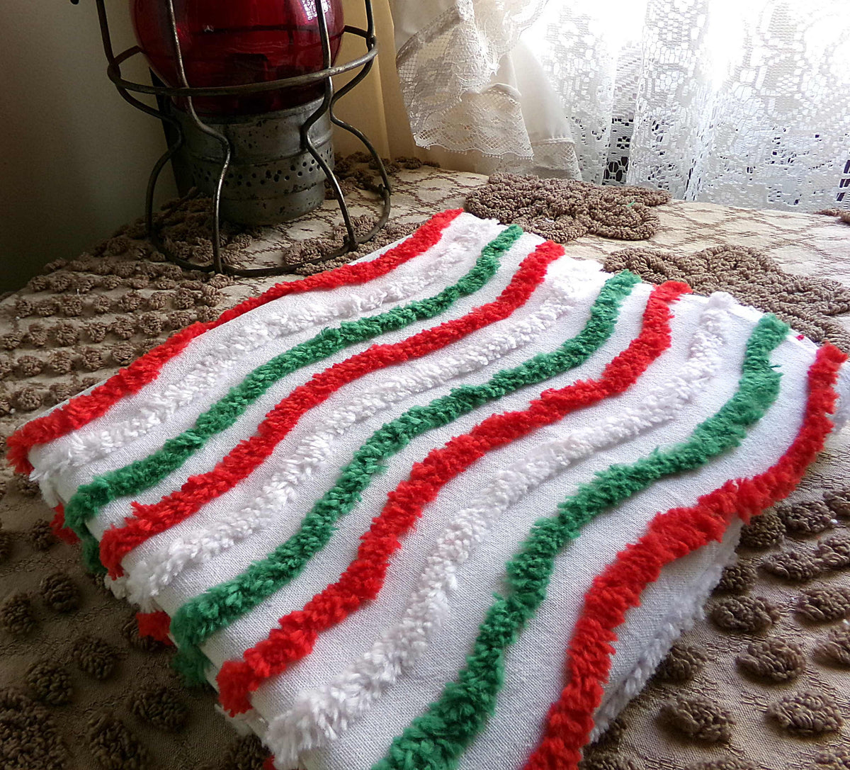 Vintage Christmas Chenille Fabric, Red, Green & White Ripple Stripe 16x27"