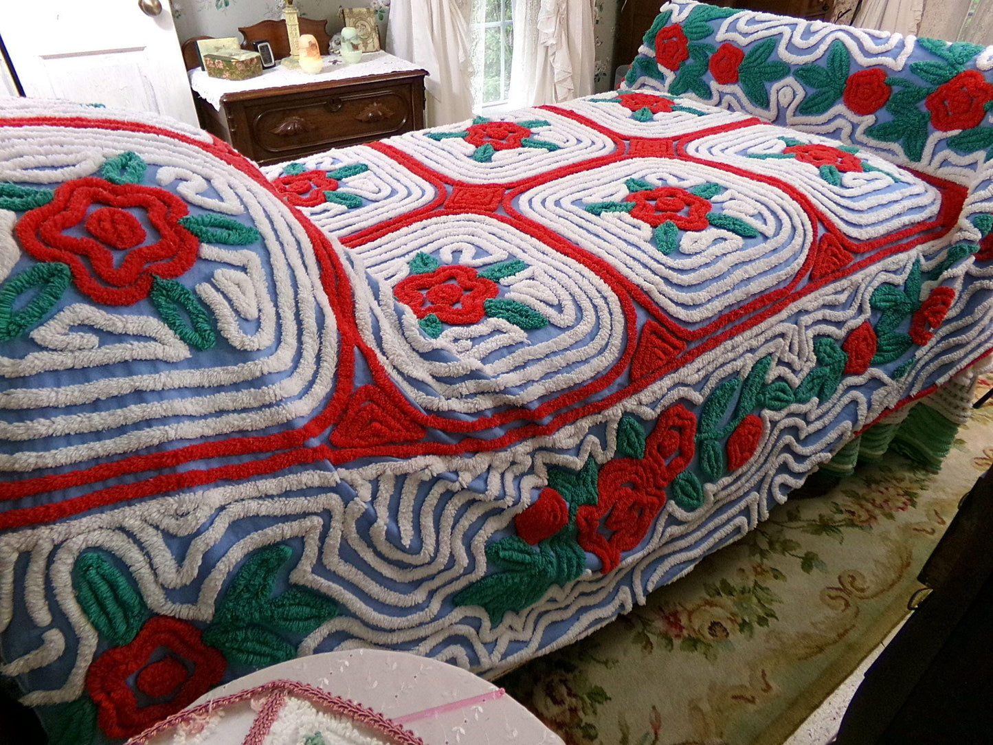 midnight in a garden of roses vintage chenille bedspread, red flowers on starry blue with white swirl tufting, full size bedding