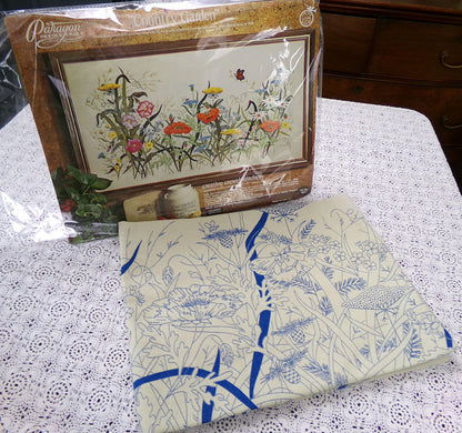 COUNTRY GARDEN Crewel Stitchery Kit, Vintage 0511 Paragon Embroidery Boho Meadow Scene Wall Hanging