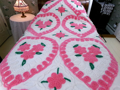 fairytale hearts vintage chenille bedspread, feminine pink & white sweetheart rose trios, romantic full size 100% cotton bedding