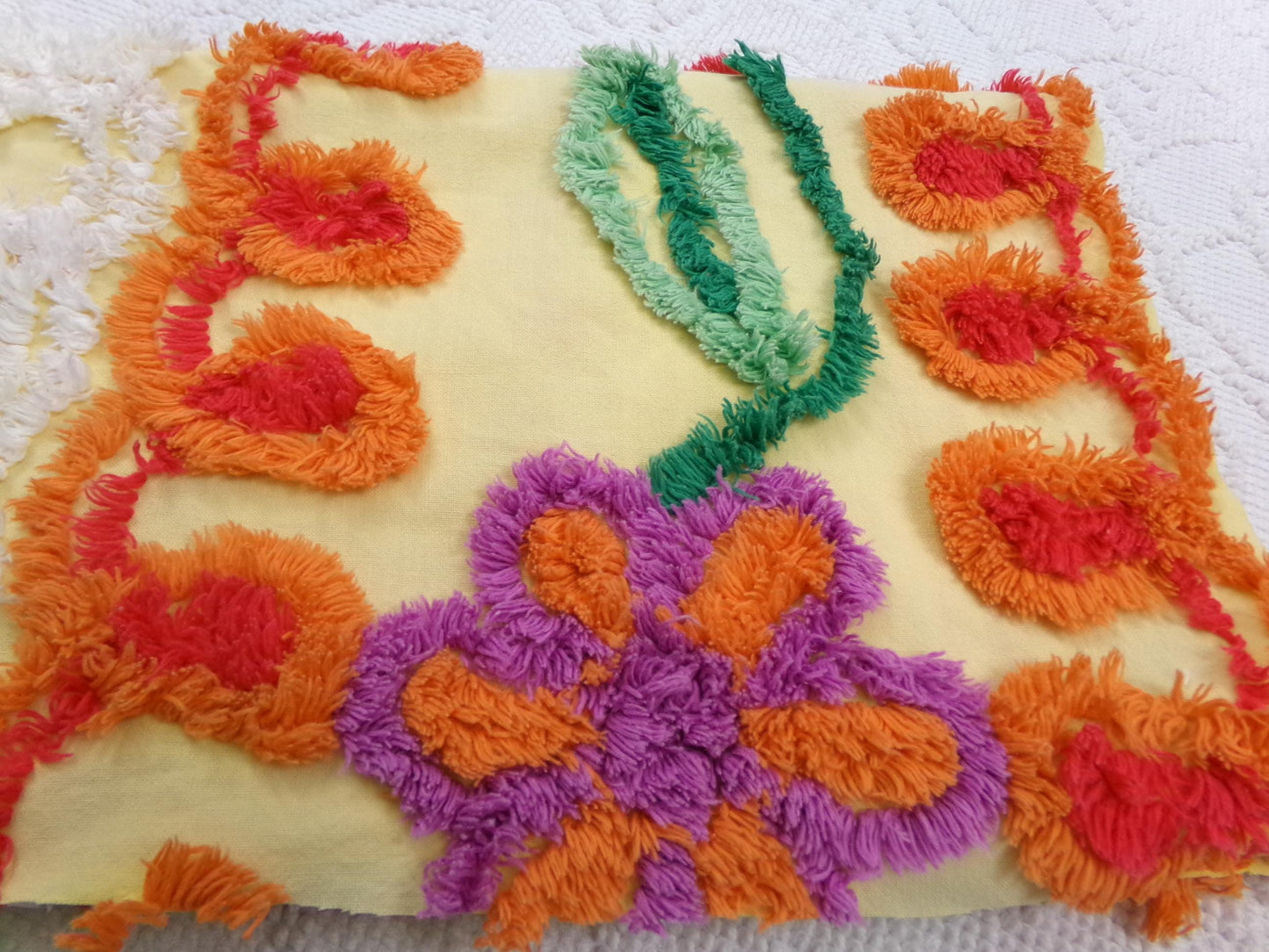 Sunny Side Up Yellow Vintage Chenille Fabric, tufted floral curlicue dots, piece sewing craft quilt material, 16" x 27"