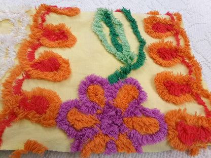 Sunny Side Up Yellow Vintage Chenille Fabric, tufted floral curlicue dots, piece sewing craft quilt material, 16" x 27"