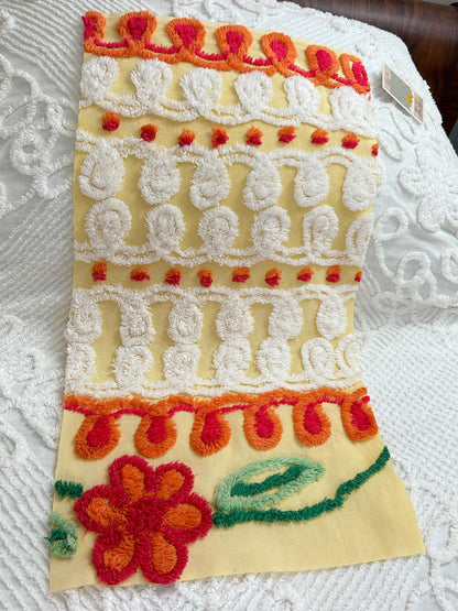 Happy Yellow Vintage Chenille Bedspread Fabric, Boho Red Flower Curlicues 13x25"