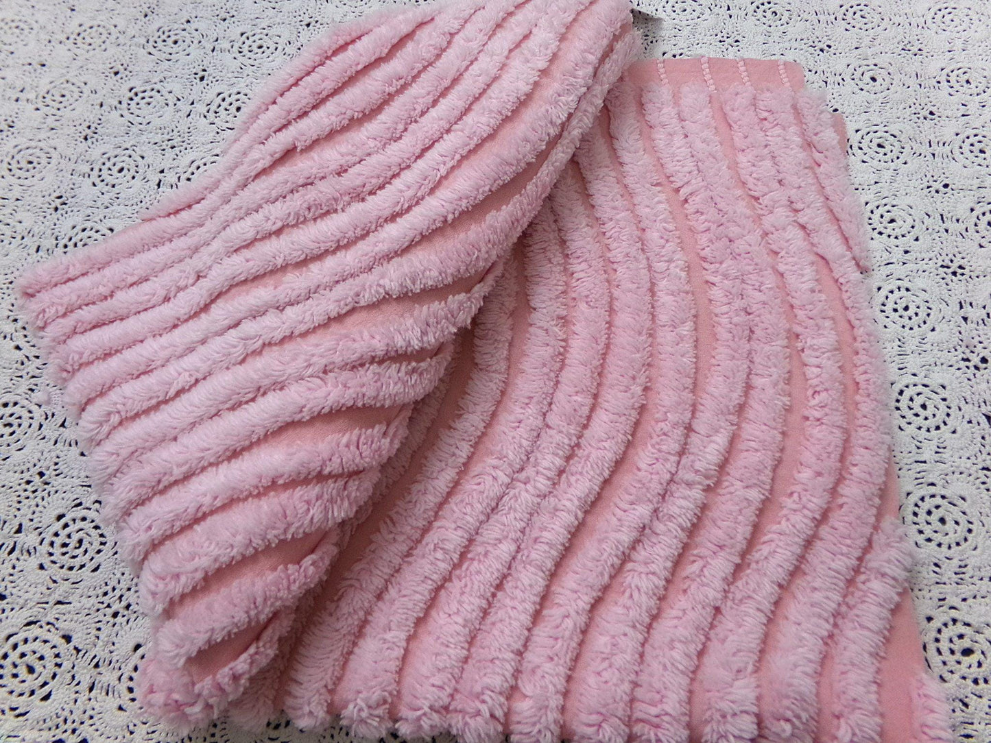 cotton candy pink vintage chenille bedspread fabric ultra plush ripple tufts 13" x 23"